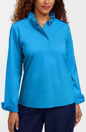 Foxcroft Tammy Ruffle Collar Cotton Blend Top in Malibu Blue at Nordstrom, Size X-Large