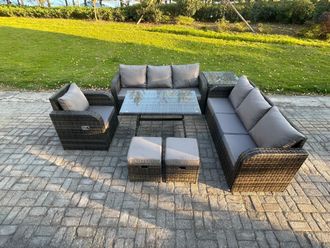 Fimous Outdoor Lounge Sofa Set Wicker PE Rattan Garden Furniture Set with Rectangular Dining Table Reclining Chair Side Table 2 Small Footstools