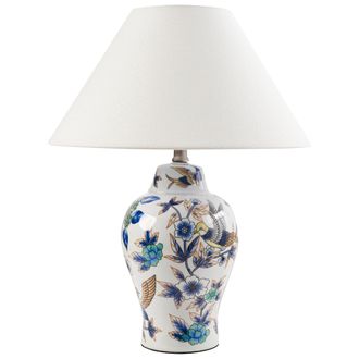 Beliani L&aacute;mpara De Mesa Elegante Con Base De Porcelana Con Dise&ntilde;o Floral Pantalla De Campana De Lino Iluminaci&oacute;n Blanco Y Azul Moraca