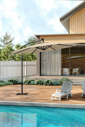 Living and Home Outdoor 32 LED Lighted Patio Umbrella with Crank Lift System with Base in Beige