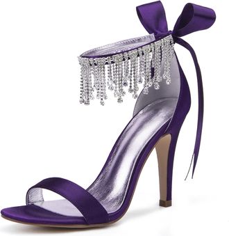 Generic Womens Heels Satin Wedding Bridal Ankle Strap High Heels 10.5Cm Open Toe Prom Evening Formal Party Stiletto Sandals,Dark Purple,7 UK