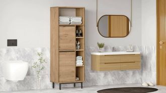 Dmora Columna Merbok Marr&oacute;n Nogal, 4 Estantes, 2 Puertas, 7 Compartimentos, 160x36x45h Cm