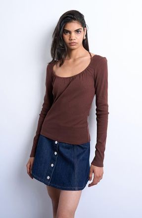 Topshop Tie Neck Rib Scoop Neck Top in Brown at Nordstrom, Size X-Small