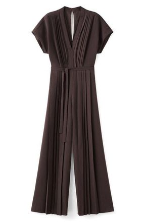 Mango Pleated Tie Belt Jumpsuit in Brown at Nordstrom, Size X-Small