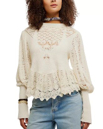 Free People Lucinda Sweater Women Ivory Knit Cotton Scalloped Hem GBO3287