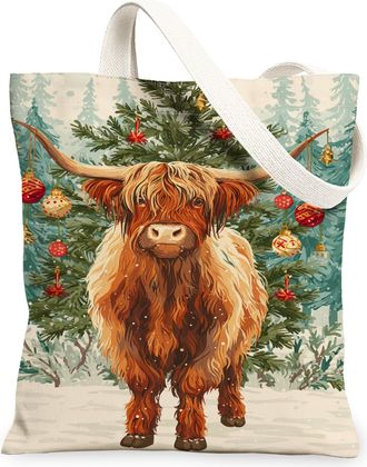Generic Highland Cow Canvas Tote Bags, Rustic Animal Print Reusable Grocery Bags, Winter Festive Design Lightweight Washable Shoulder Strap Canvas for Travel 