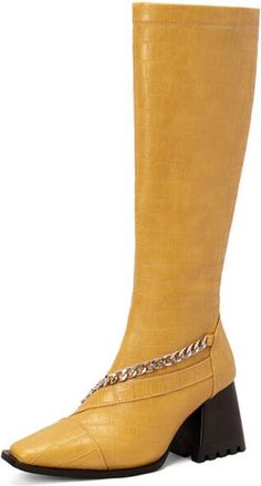 Generic Womens Knee High Boots Silver Chain Decor Crocodile Snake Print PU Leather Square Toe Chunky Block Heel Comfortable for Party Evening Daily,Yellow,7.5