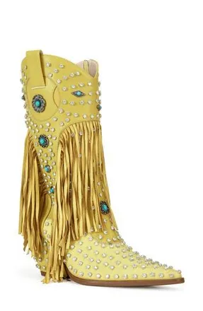 Azalea Wang Greyson Fringe & Stud Cowboy Boot in Yellow at Nordstrom Rack, Size 6.5