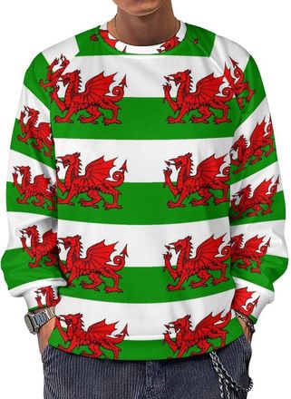 Generic Welsh Dragon Flags Mens Crewneck Sweatshirt Pullover Long Sleeve Shirt Casual Top