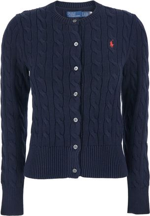 Polo Ralph Lauren Blue Cable Knit Crewneck Cardigan With Pony Embroidery On The Front In Cotton Woman