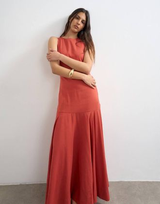 Topshop Vestito midi a cerchio con vita scesa e fondo ampio bordeaux-Rosso