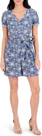 Kensie Embroidered Tie Waist Romper in Chambray/Ivory at Nordstrom Rack, Size 12