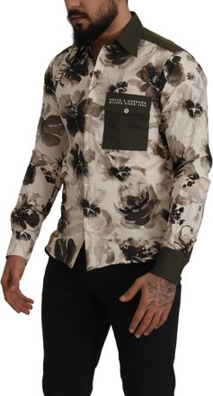 Dolce & Gabbana Mens Green Beige Floral Cotton Stretch Exclusive Shirt