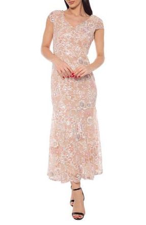 OLEG CASSINI Embroidered Sequin V-Neck Cap Sleeve Mermaid Dress in Champagne at Nordstrom Rack, Size X-Large