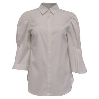 Lela Rose Gathered Sleeve Blouse in White Cotton