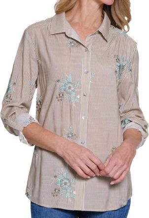 Multiples Roll Tab Front Button Shirt With Embroidery In White
