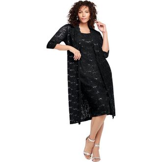 Roaman's Plus Size 3/4 Sleeve Formal Duster Sequin Embellished Lace Dress Set in Black at Nordstrom, Size 20
