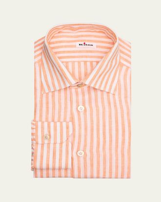 Kiton Mens Linen Candy Stripe Dress Shirt