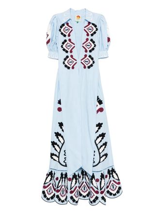 Farm Rio embroidered puff-sleeve maxi dress - Blue
