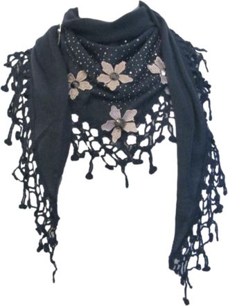 Generic Sparkly soft knitted triangle scarf or wrap with floral applique and tassels (Grey)
