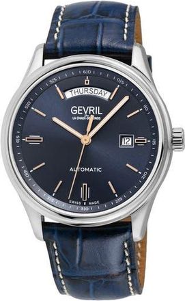 Gevril Group Excelsior Croc Embossed Leather Strap Watch, 42mm in Blue at Nordstrom Rack