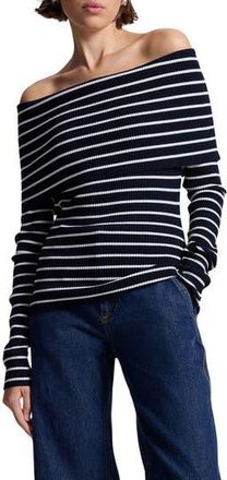 A.L.C. Evelyn Off the Shoulder Merino Wool Blend Sweater in Midnight/White at Nordstrom Rack, Size Large