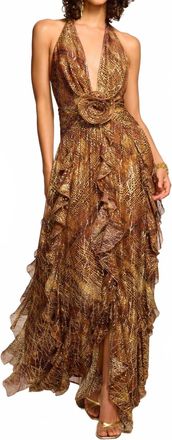 Ramy Brook Emerance Plunging Halter Gown In Gold