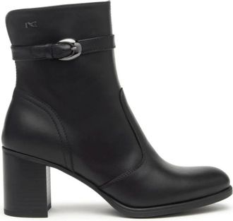 Nero Giardini Zwarte leren enkellaarsjes met decoratieve gesp - Dames - Laarzen met Hak - Zwart - 41 EU - Schoenen