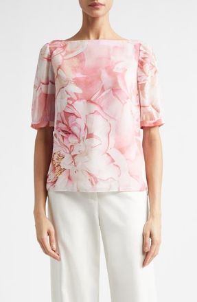 St. John Monique Le Jardin Print Georgette Top in Soft Peony Multi at Nordstrom, Size X-Small