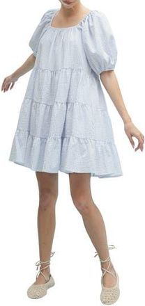 Wishlist Plaid Puff Sleeve Cotton Blend Tiered Minidress in Off White/Sky at Nordstrom Rack, Size Medium