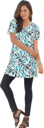 Roaman's Plus Size Ultimate Cotton V-Neck Short Sleeve Tunic in Deep Turquoise Tossed Leaves at Nordstrom, Size Large