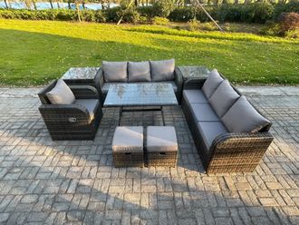 Fimous Wicker 8 Pieces Rattan Garden Furniture Sofa Set with Rectangular Dining Table Armchair 2 Small Footstools 2 Side Tables Dark Grey Mixed