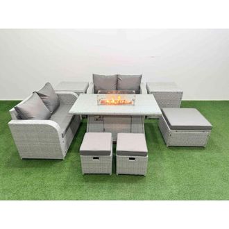 Fimous Fimous 7 Seater Outdoor Love Sofa Set Rattan Garden Furniture Set with Firepit Dining Table 3 Footstool 2 Side Tables Light Grey