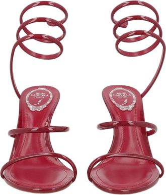 Rene Caovilla Red Leather High-Heeled Sandals with Spiral Ankle Strap