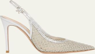 Gianvito Rossi 95mm Itaca Metallic Leather and Mesh Slingback Pumps