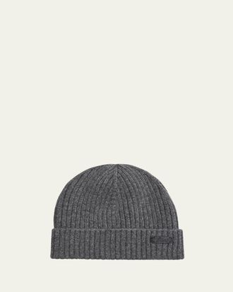 Brioni Mens Cashmere Rib Leather-Label Beanie Hat