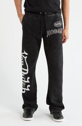 Von Dutch Studded Mineral Wash Fleece Drawstring Pants in Jet Black Bleach Wash at Nordstrom, Size Large