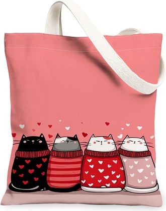 Generic Cute Cats Canvas Tote Bags, Adorable Feline Heart Pattern Reusable Grocery Bags, Lightweight Washable Shoulder Strap Canvas, Peach, 13x15 Inch