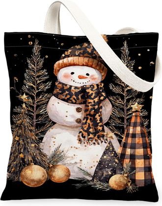 Generic Winter Snow Man Canvas Tote Bags, Holiday Tree Pattern Reusable Bags, Vintage Chic Lightweight Washable Shoulder Strap Canv, Black, 13x15 Inch