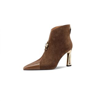 TinaCus Suede & Genuine Leather Womens Cap Toe Handmade High Heels Zip up Trendy Ankle Boots, Brown, 7 UK