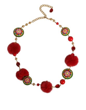 Dolce & Gabbana Womens Gold Brass Red Fur Crystal Waist Torero Belt