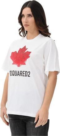 Dsquared2 T-shirt met korte mouwen en reli&euml;f van een esdoornblad - Dames - T-shirts - Wit - 2XS - Tops