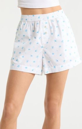 Open Edit Oversize Boyfriend Boxer Shorts in White- Blue Sabrina Ditsy at Nordstrom, Size X-Small