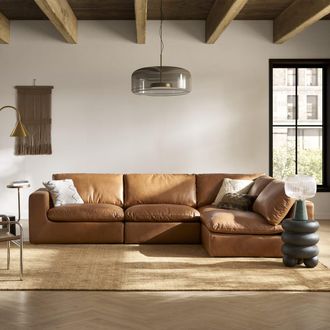 Castlery Brown Top Grain Leather Right Chaise Sectional Sofa Dawson by Castlery