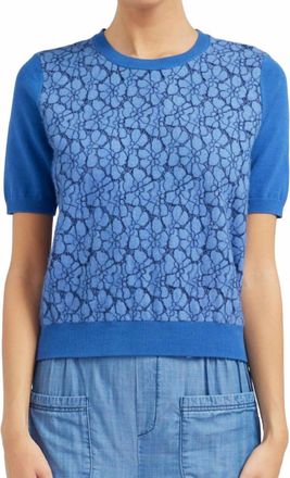 Current Air Contrast Short Sleeve Round Neck Floral Lace Sweater In Blue