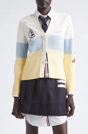 Thom Browne Nantucket Sailboat Embroidered Cotton Cardigan in White at Nordstrom, Size 10 Us
