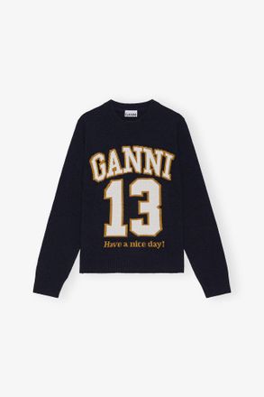 Ganni Navy Dark Blue Graphic Wool Mix Baseball Sweater - Size XXS