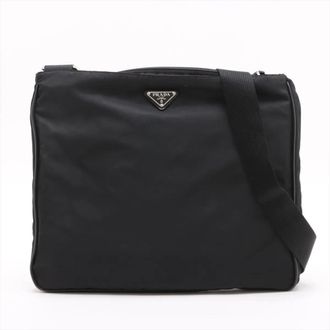 Prada Black Leather Nylon Messenger Bag Shoulder Bag (Pre-Owned)