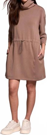 Tribal Techno Lux 3/4 Sleeve Funnel Neck Dress With Drawcord In Fossil