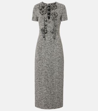 Oscar De La Renta Floral-appliqué cotton-blend tweed midi dress